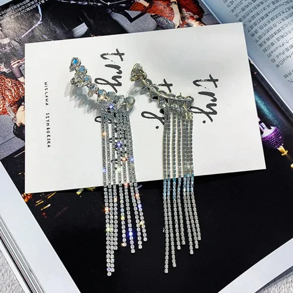 Long Tassel Rhinestone Drop Earrings - Picture 7 of 15